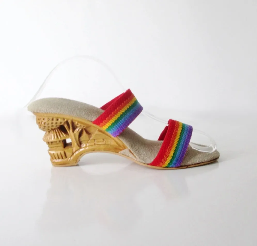 Vintage Hand Carved Wood Rainbow Strap Mules Heels Shoes 8