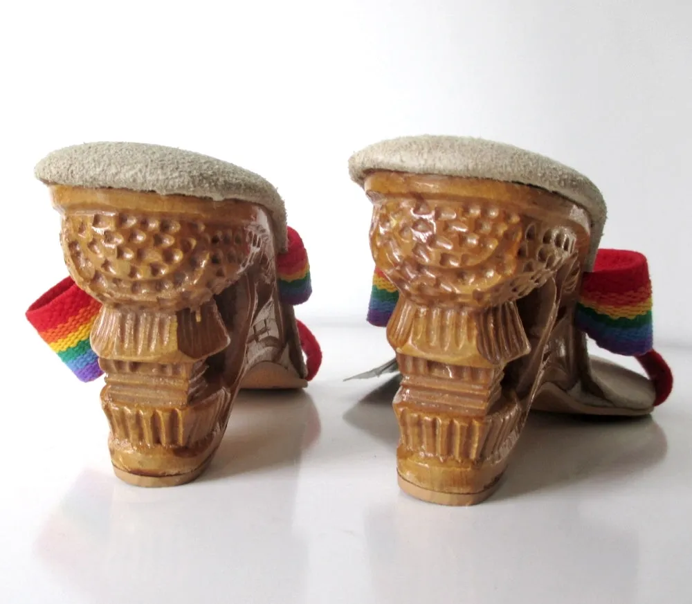 Vintage Hand Carved Wood Rainbow Strap Mules Heels Shoes 8