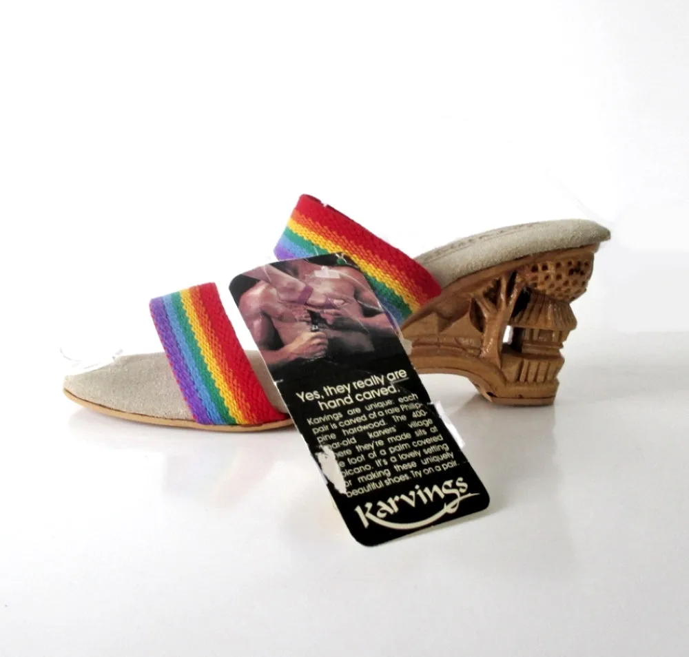 Vintage Hand Carved Wood Rainbow Strap Mules Heels Shoes 8