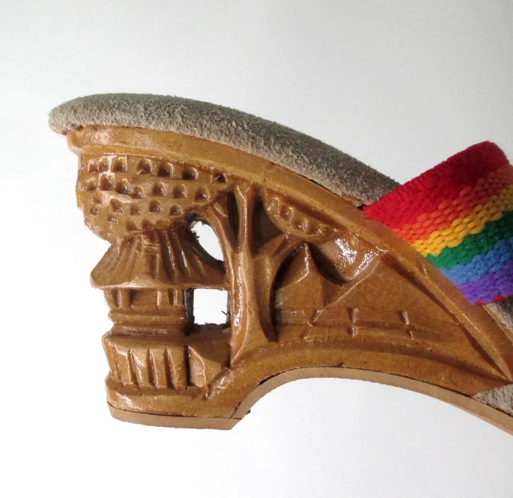 Vintage Hand Carved Wood Rainbow Strap Mules Heels Shoes 8