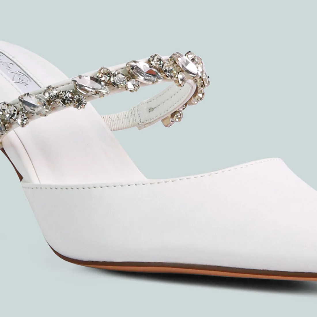 White Diamante Strap Heeled Mules
