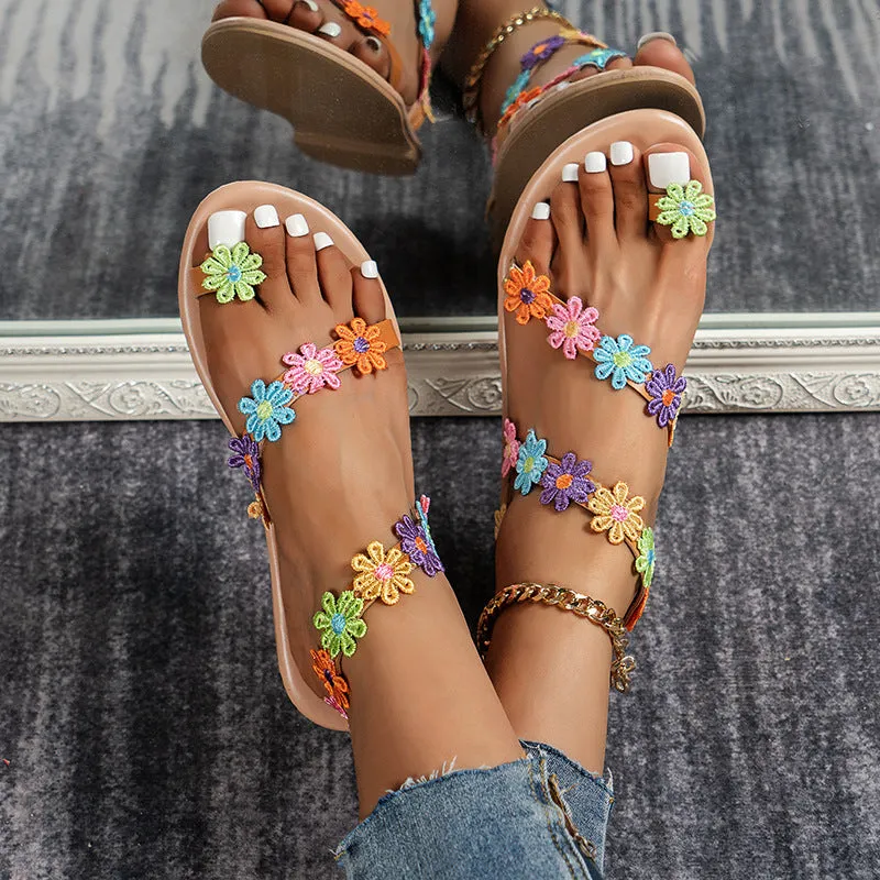 Wholesale Pu Bohemian Colorful Flower Flat Sandals