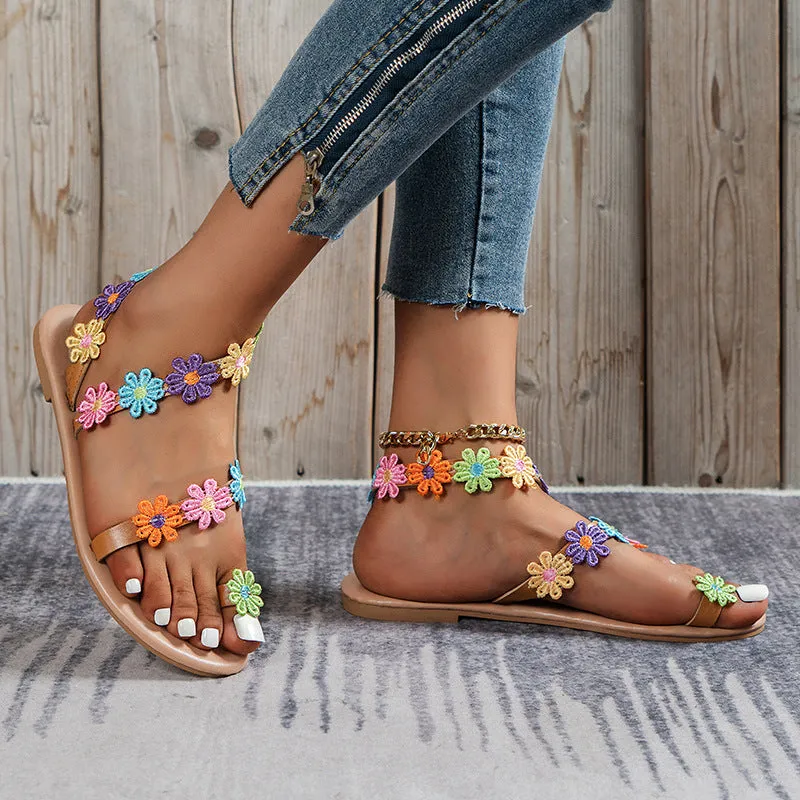 Wholesale Pu Bohemian Colorful Flower Flat Sandals
