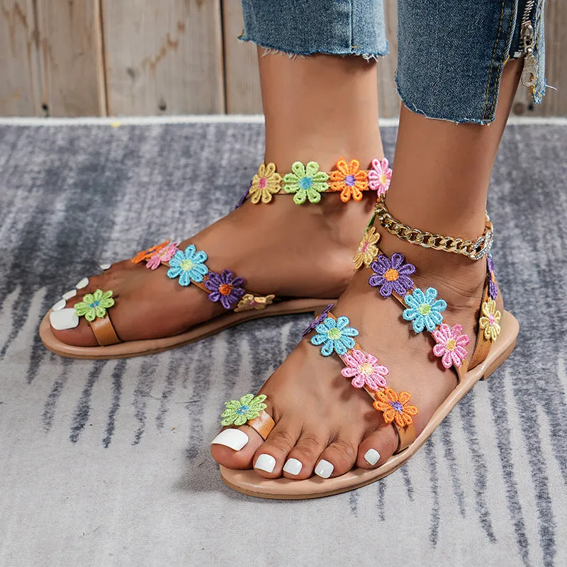 Wholesale Pu Bohemian Colorful Flower Flat Sandals