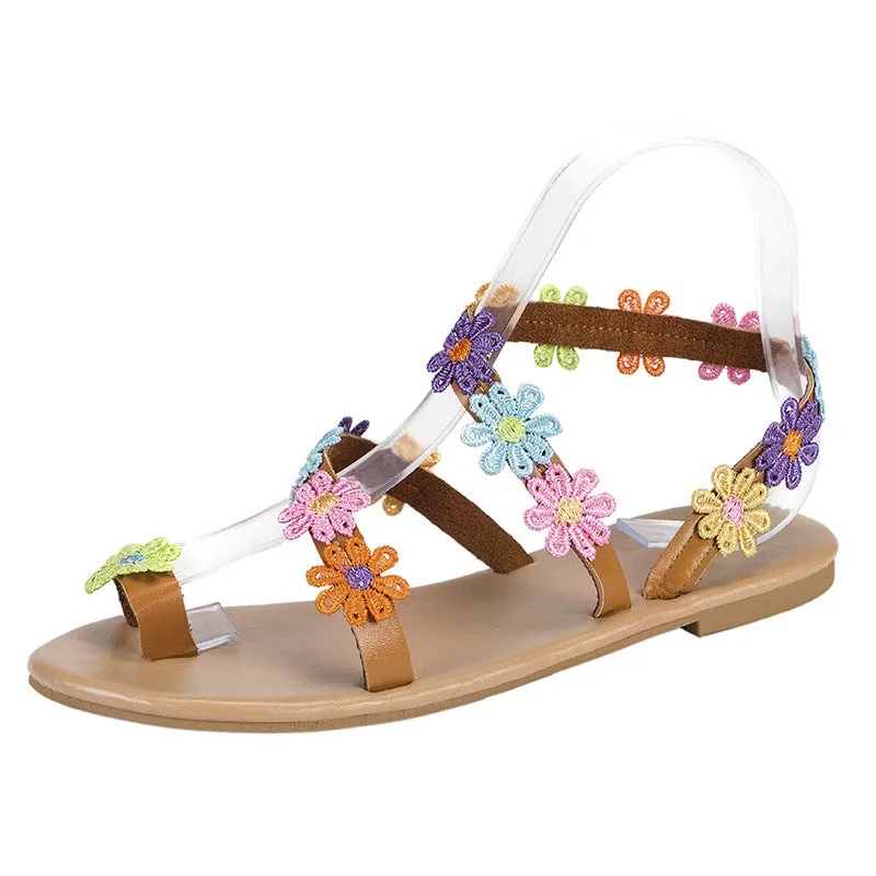 Wholesale Pu Bohemian Colorful Flower Flat Sandals