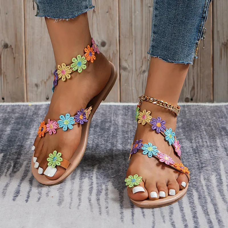 Wholesale Pu Bohemian Colorful Flower Flat Sandals