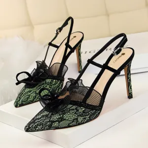 Women's black lace floral closed toe slingback heels | Sexy banquet evening party heels