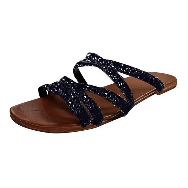 Women'S Flat Bottom Round Toe Rhinestone One-Shaped Casual Slippers 05460498C