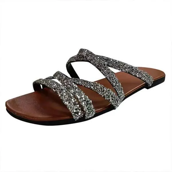 Women'S Flat Bottom Round Toe Rhinestone One-Shaped Casual Slippers 05460498C