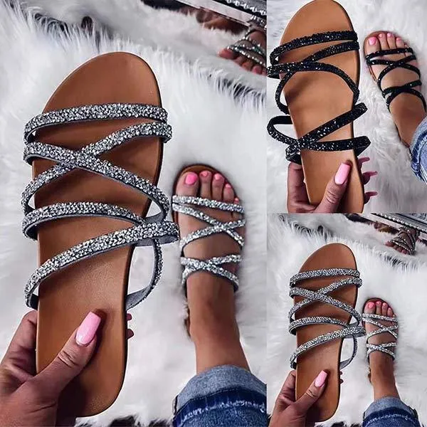 Women'S Flat Bottom Round Toe Rhinestone One-Shaped Casual Slippers 05460498C